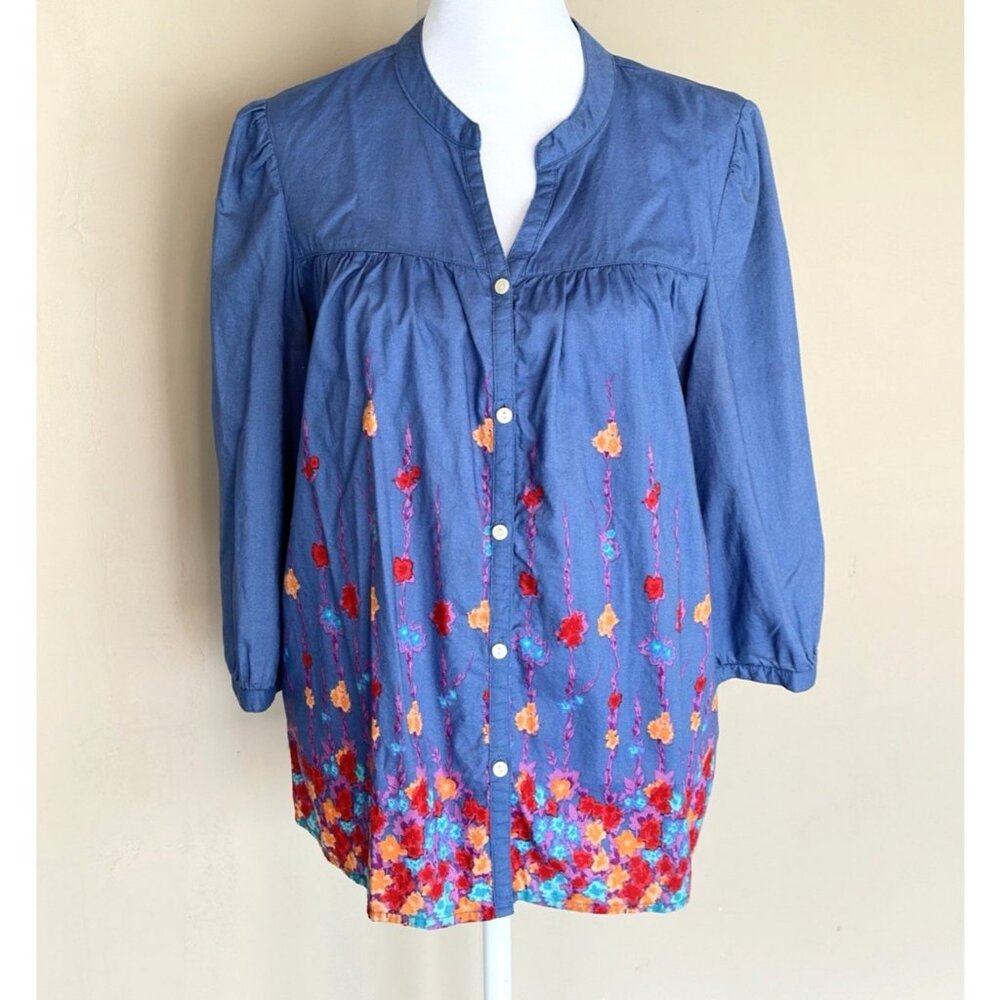 Old Navy Women's Blue Cotton Tunic Water Color Floral Print 3 Qtr Sleeve Sz Med
